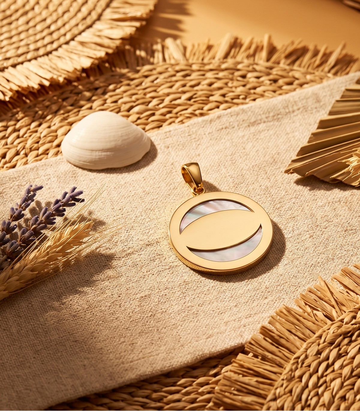 Goldanhänger 18K Gold & Perlmutt, 17 mm großem, personalisiertem Anhänger mit Gravur