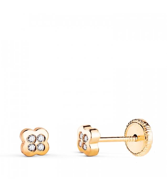 Pendientes trébol oro amarillo Enza 18 Ktes, para bebé y niñas recién nacidas, pendientes primera puesta