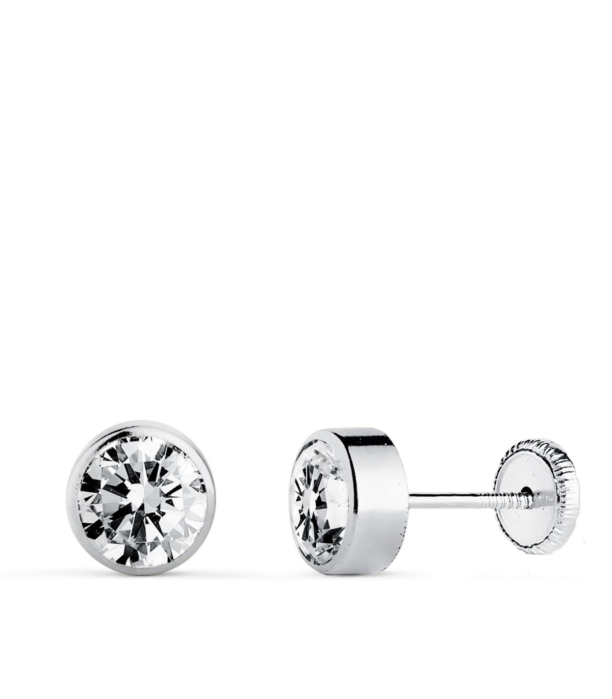 Pendientes chatones con circonita Noly 6mm en Oro Blanco 18K, dormilonas para niña o mujer