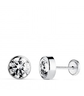 Pendientes chatones con circonita Noly 7mm en Oro blanco 18K, dormilonas para niña o mujer
