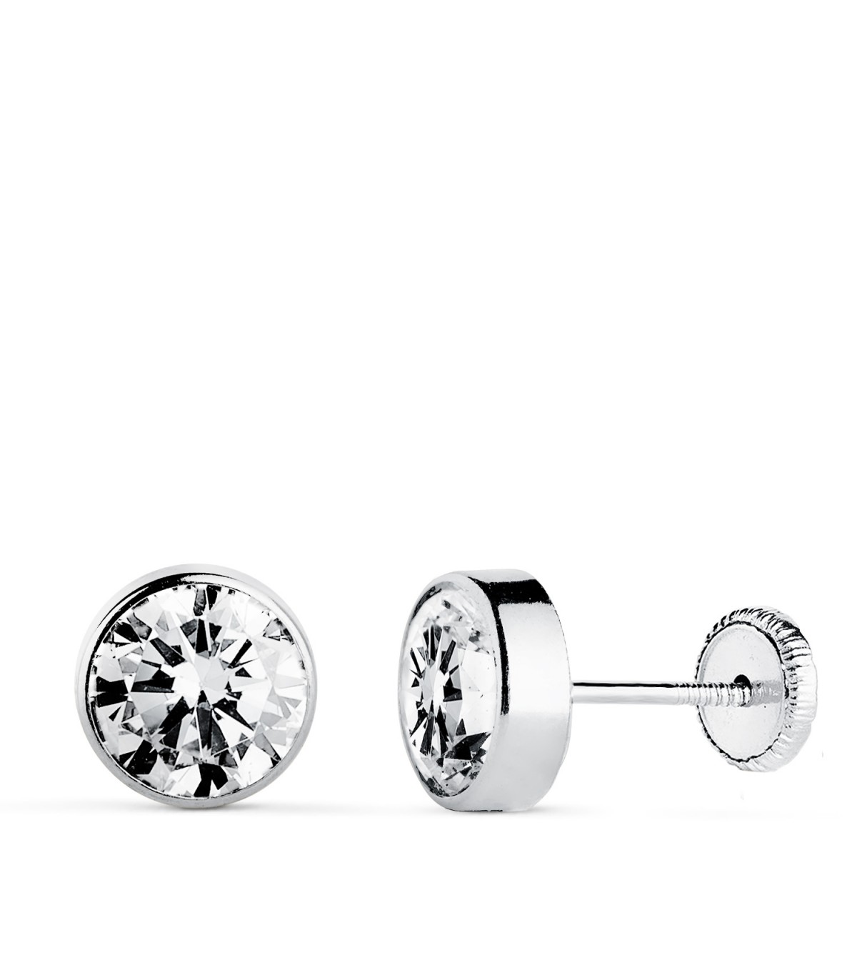 Pendientes chatones con circonita Noly 7mm en Oro blanco 18K, dormilonas para niña o mujer