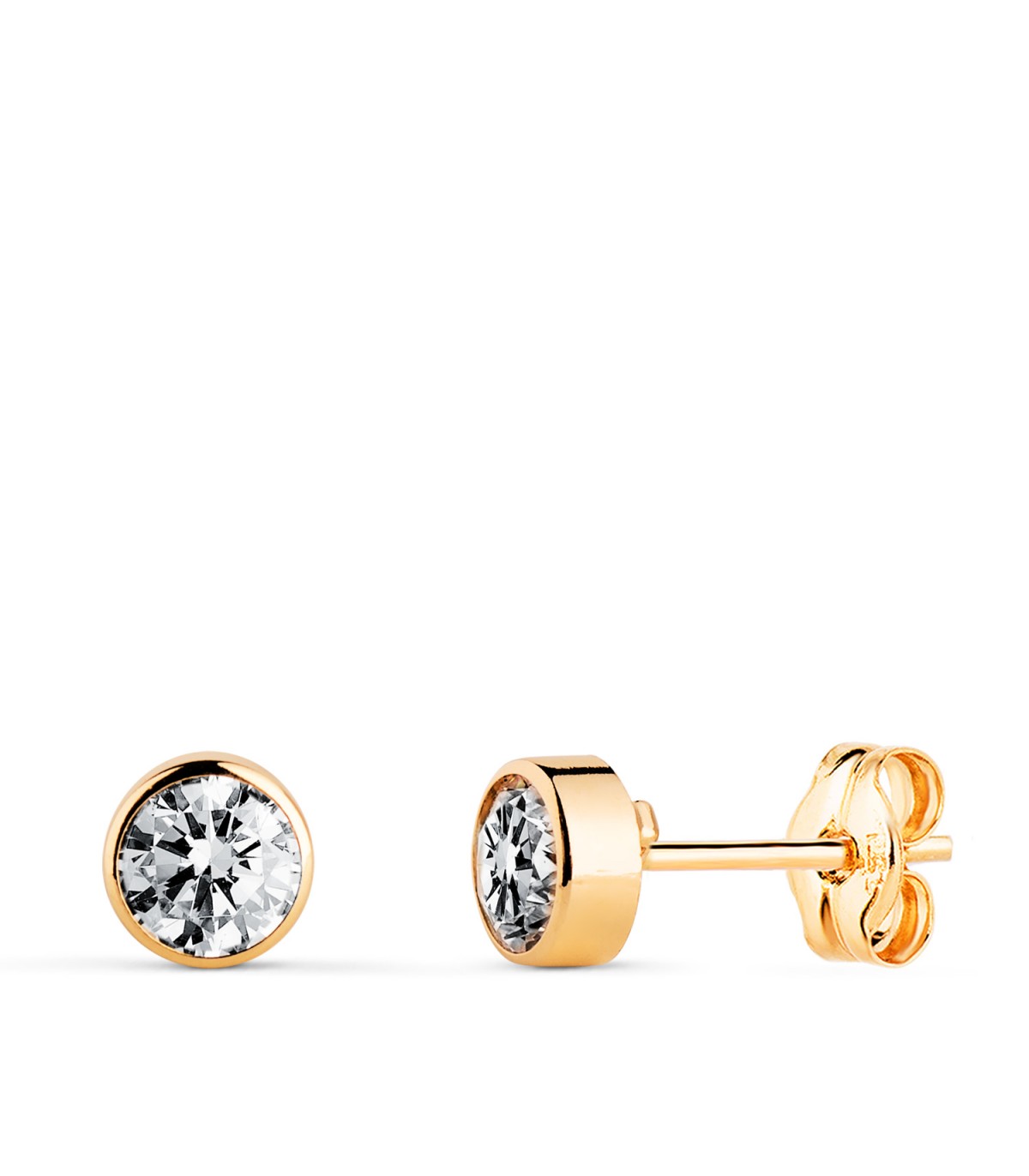 Pendientes Noly Oro amarillo 18K, chatones con circonitas 5mm, engaste bisel y cierre presión.
