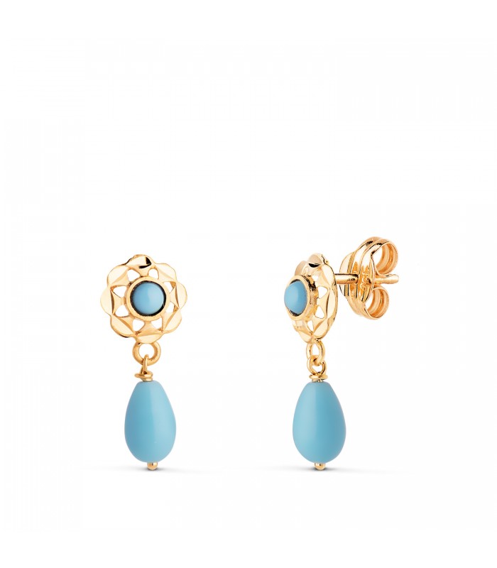 Pendientes oro 18k cubana piedra de gota color Turquesa 15mm - Pendientes de niña