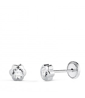 Pendientes Margarita Circonita Oro Blanco 18K 5mm, chatones dormilonas.