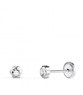 Pendientes Margarita Circonita Oro Blanco 18K 4mm, diseño flores chatones y dormilonas