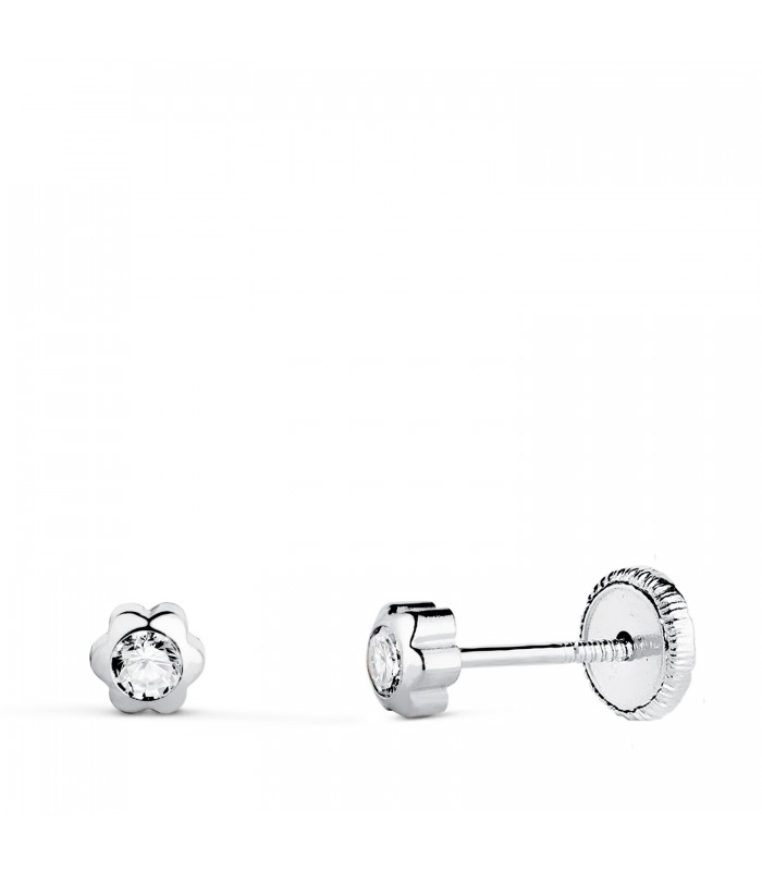 Pendientes Margarita Circonita Oro Blanco 18K 4mm, diseño flores chatones y dormilonas
