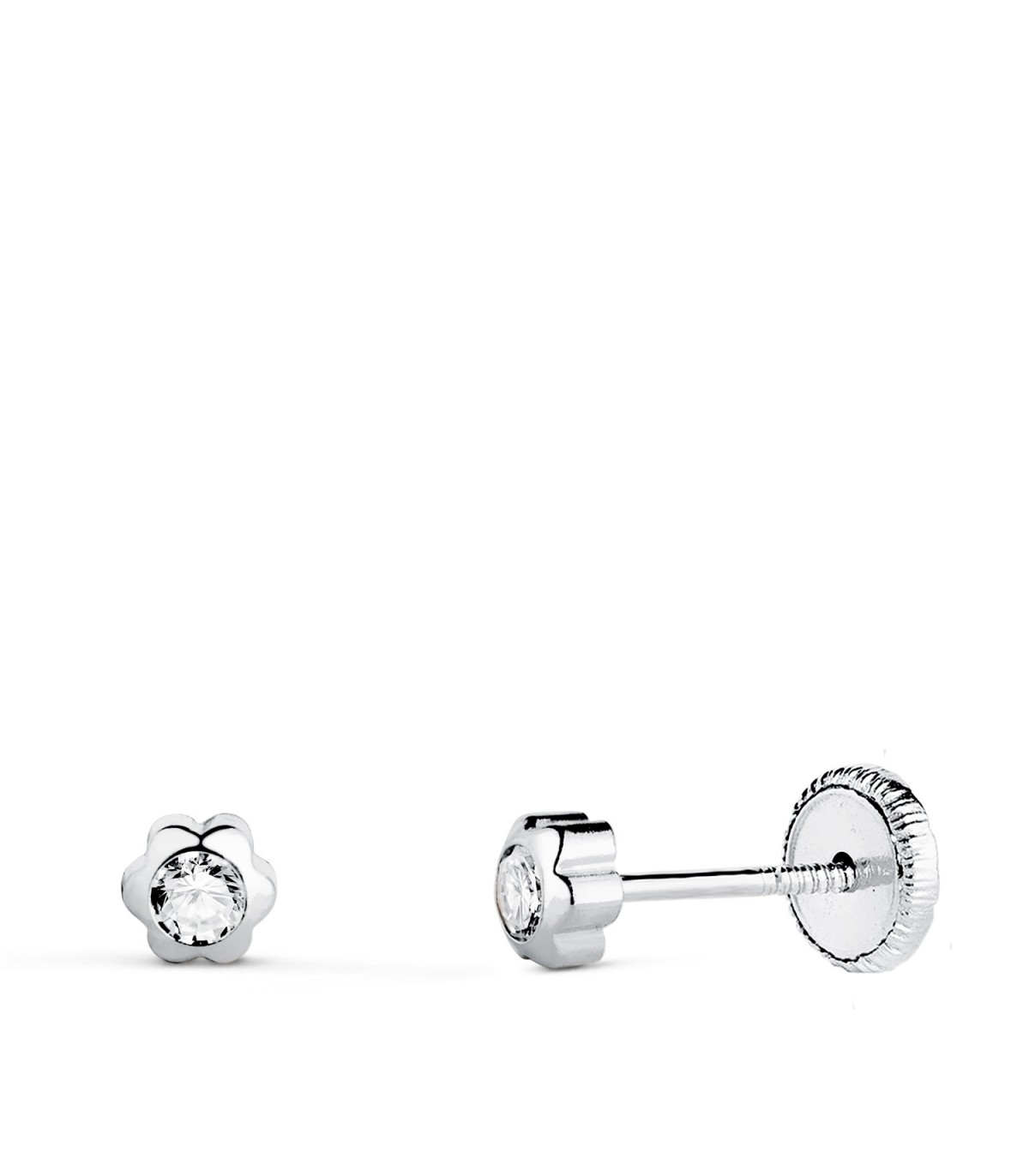 Pendientes Margarita Circonita Oro Blanco 18K 4mm, diseño flores chatones y dormilonas