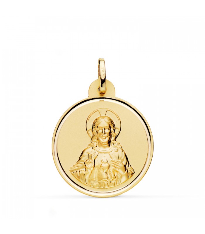 Medaglia religiosa in oro 750 Sacro Cuore di Gesù bordo lucido 24 mm