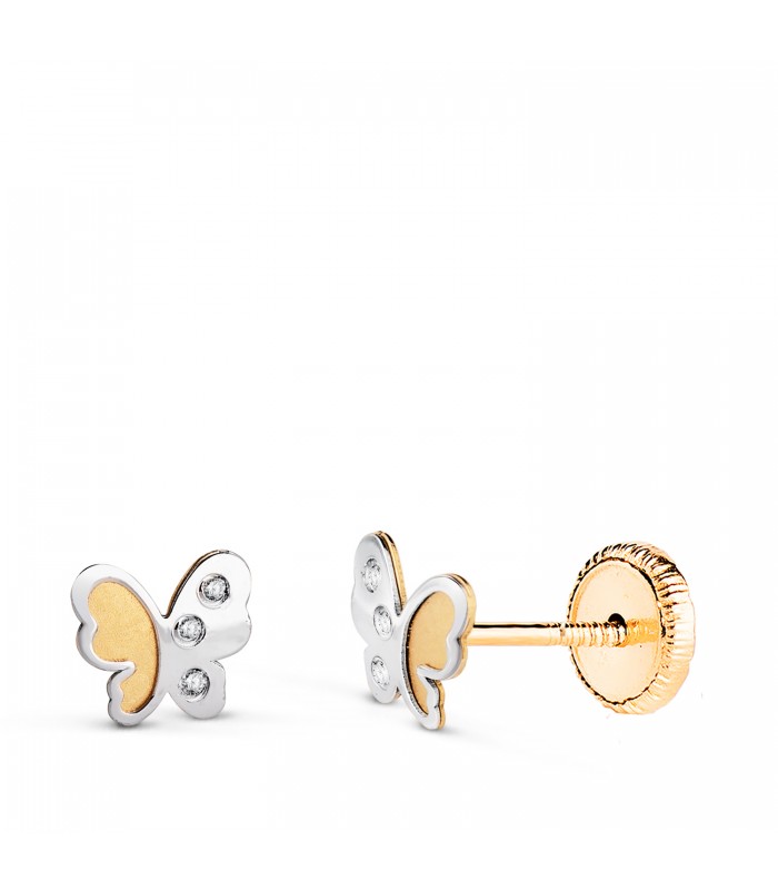 Pendientes bebé oro bicolor 18k Galgana, para niñas y primera puesta con cierre de rosca.