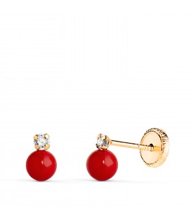 Orecchini corallo e oro per bambina, 18 carati, Elda 4 mm chiusura a vite.