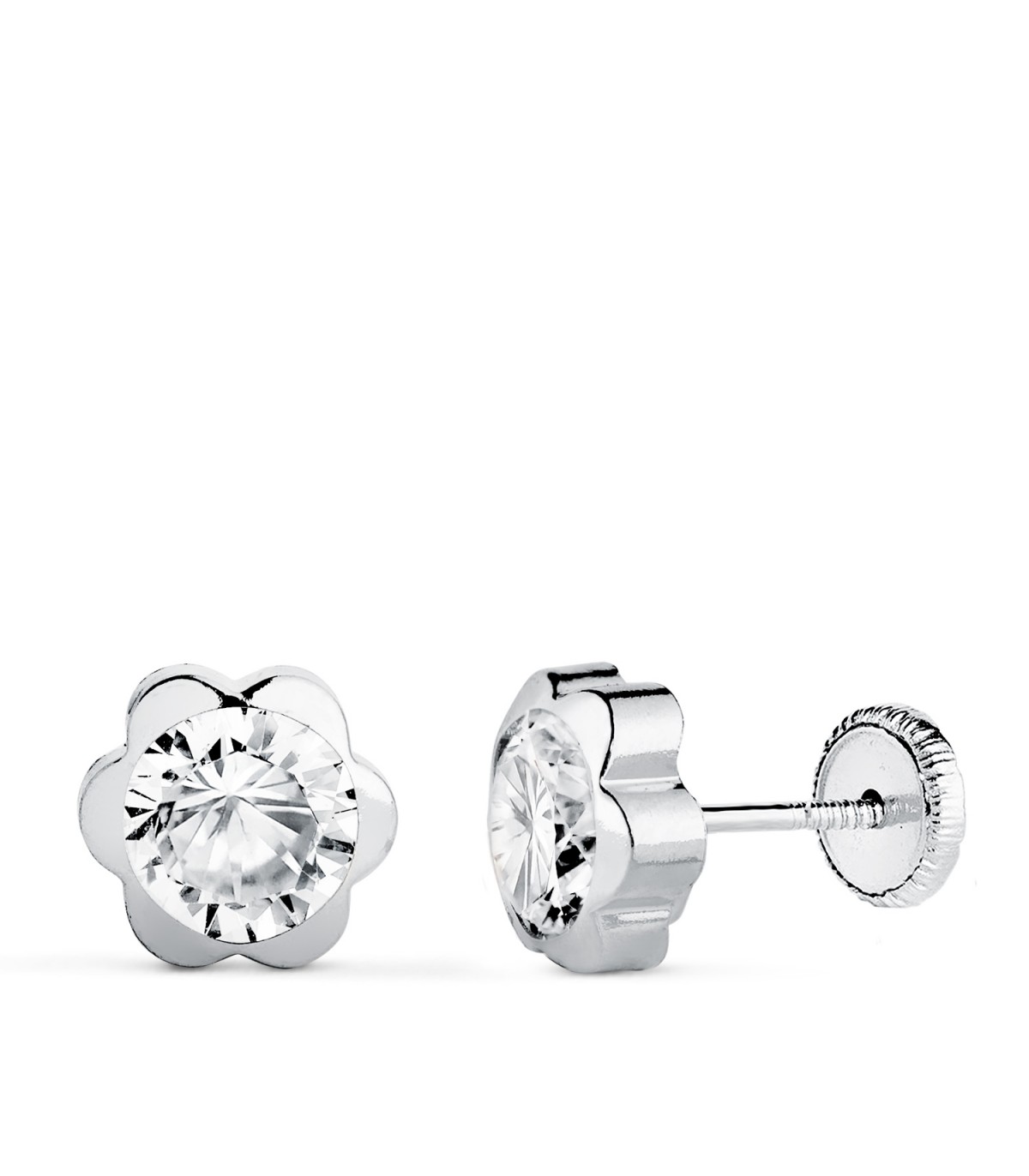 Pendientes de niña con forma de Margarita y circonita 7,5mm Oro Blanco 18K, cierre de rosca