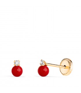 Orecchini bimba oro giallo Elda 3 mm 18 Kt, sfera corallo