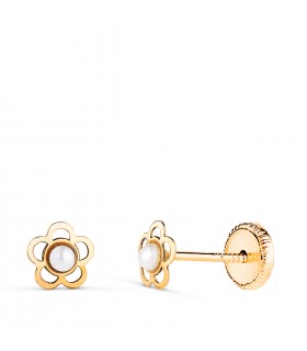 Orecchini neonata oro giallo Tatiana 18 carati con perle e fiori, a vite