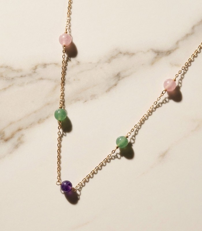 Halskette Damen  750er Gelbgold 22444 Quarz-Stein: pink, grün, violet