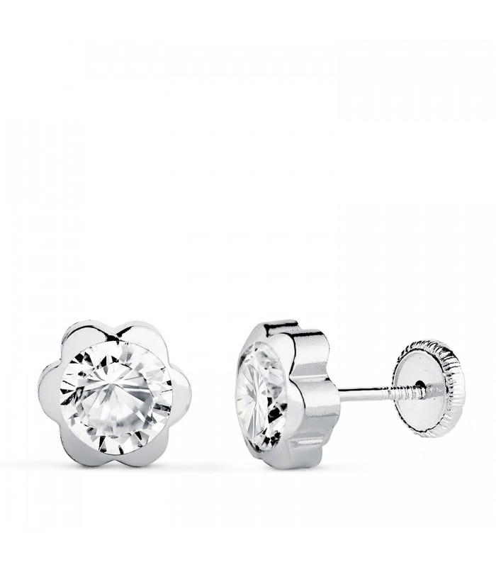 Ohrstecker mit Blumenmotiv und weißen Zirkonia 7,5mm - Kinder Ohrringe Weißgold 585