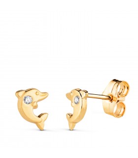 Pendientes delfín oro 14K circonita, pendientes de niña con cierre de tuerca, 6 mm.