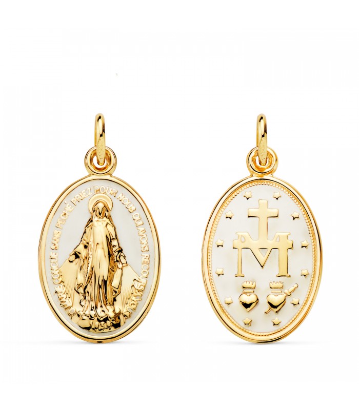 Medalla Milagrosa 9K Esmalte blanco 20mm. Medallas religiosas, escapulario de oro. Colgantes mujer.