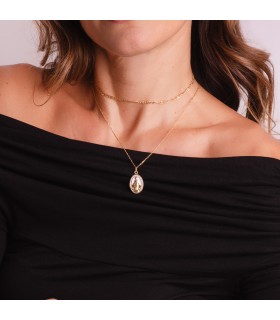Collier pour femme avec médaille Miraculeuse en or jaune 375 et laque blanc, 20 x 14 mm