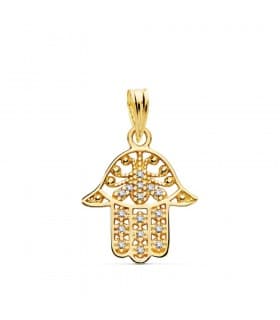 Ciondolo della Mano di Fatima  zirconi e traforata, oro 14 kt  15 mm - Gioielli e ciondoli portafortuna