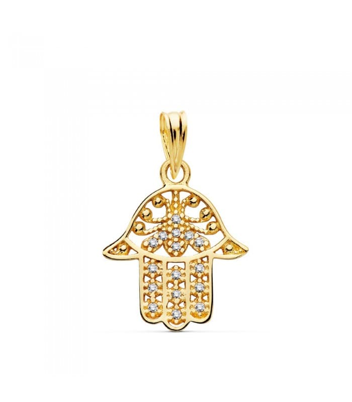 Petit pendentif Main de Fatima 15mm Or 585 avec Zircones - Porte-bonheur femme