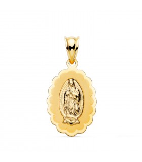 Medalla Virgen de Guadalupe de México 21mm Oval Brillo, oro amarillo 14K, con grabado.