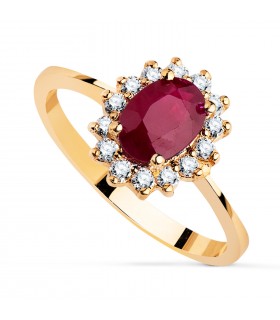 Anillo con piedra rubí y diamantes. Anillo de mujer en oro amarillo 18 kilates.