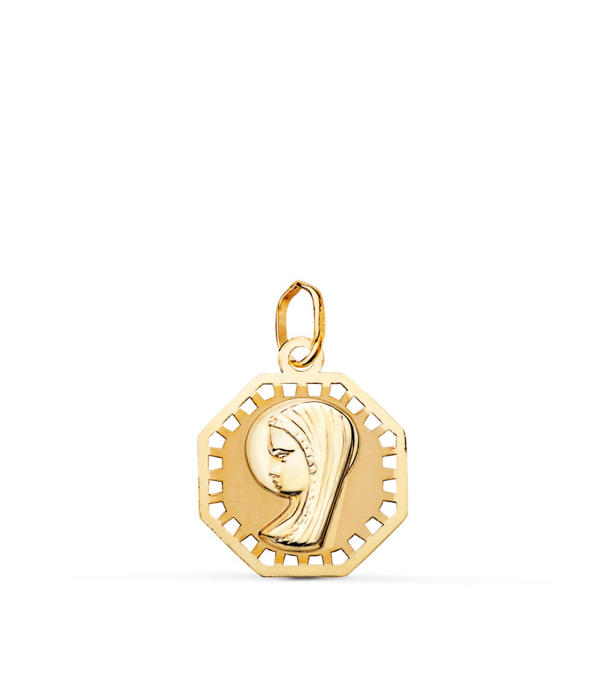 Medalla comunion en oro amarillo Virgen niña octogonal 18 Ktes | Medallas para bautizo y Comunión