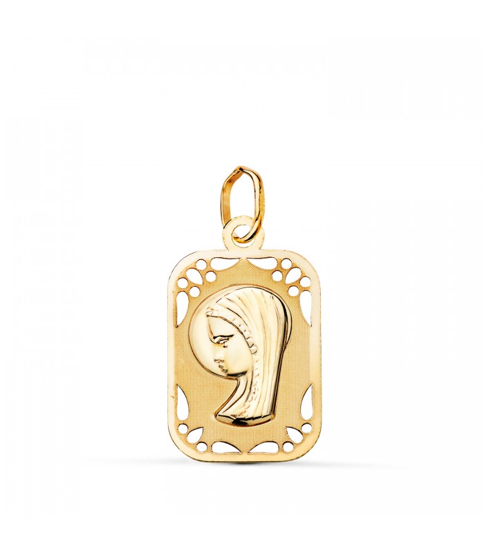 Medalla comunion en oro amarillo Virgen niña aureola rectangular 18 Ktes | Medallas para bautizo y Comunión