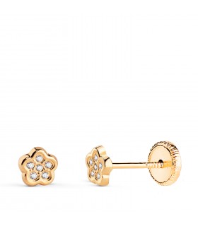 Orecchini in oro giallo Dunia 14 Kt, ideali per neonata e bambina, modello a fiore con zirconi