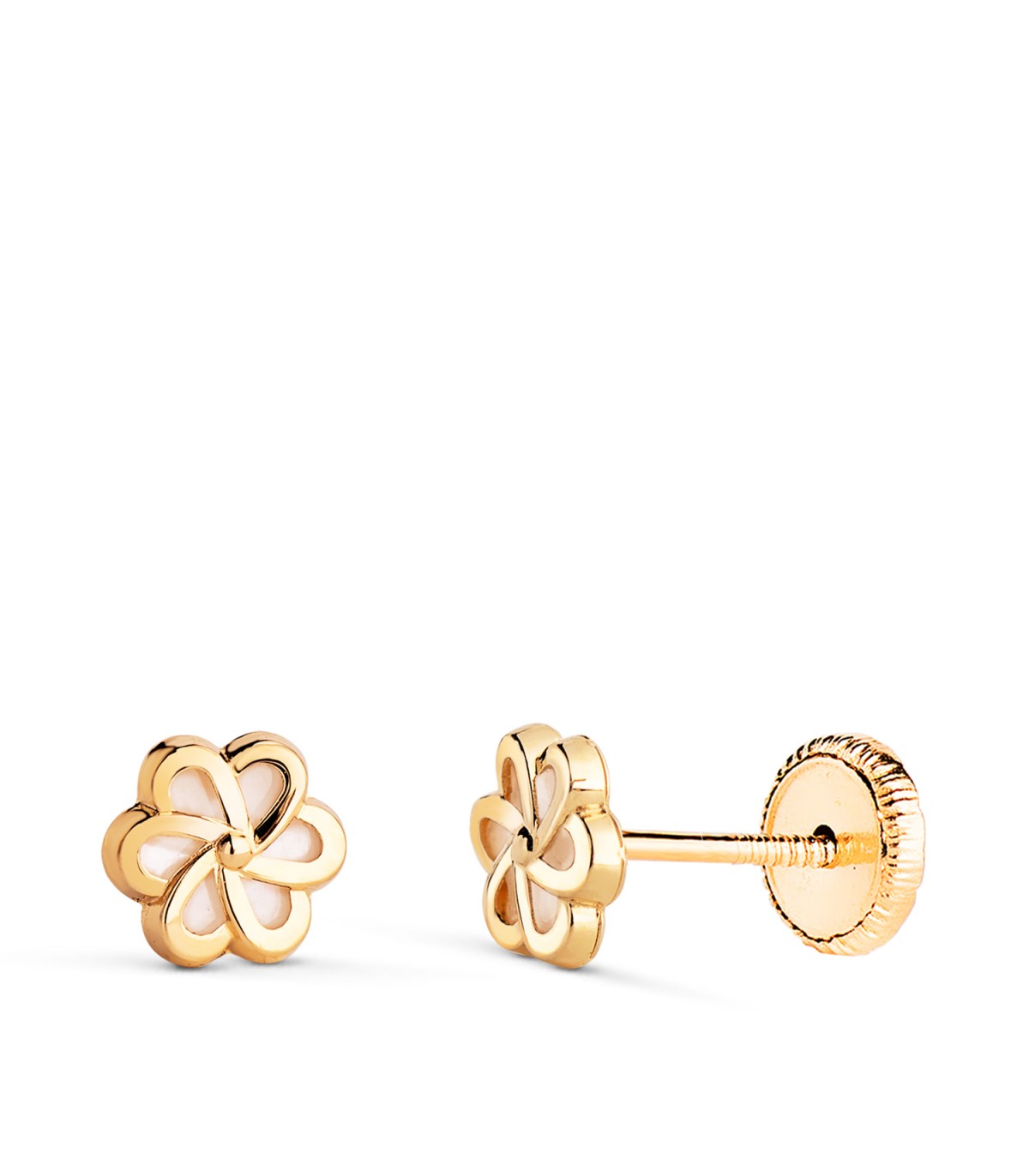 Pendientes para niña con diseño de flor en nácar y oro