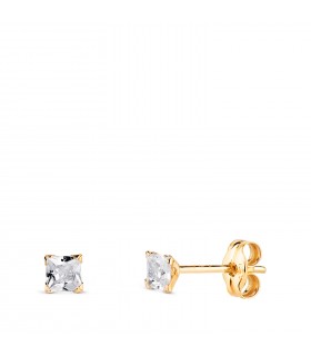Pendientes Alina 3mm Oro amarillo 14 Kt. Dormilonas bebé circonitas 4 garras. Cierre rosca.