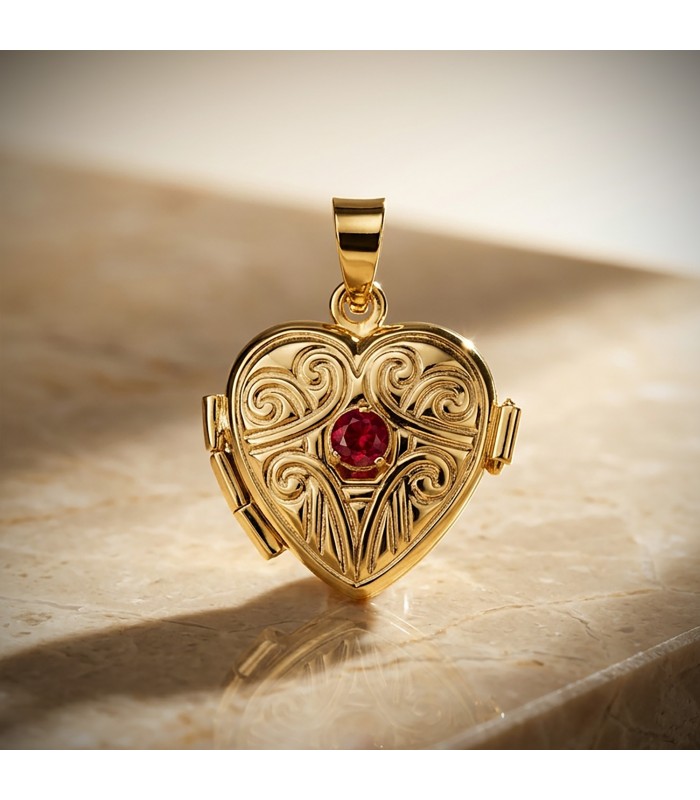 Colgante portafotos para mujer, forma de corazón con rubí en el centro, oro 18k