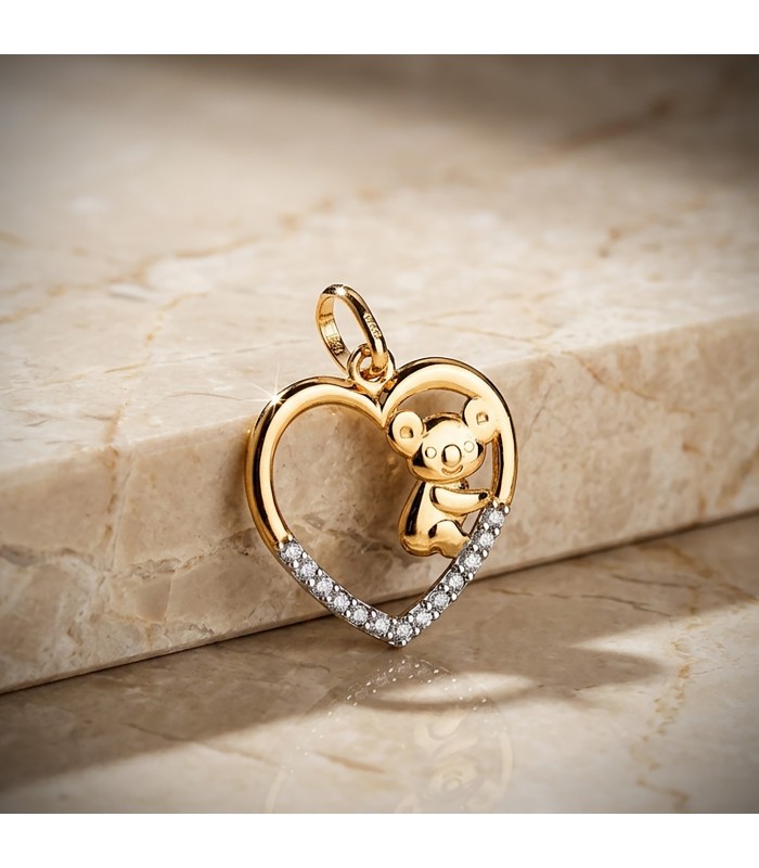 Colgante para mujer con Koala y Corazón, Oro Bicolor 18K, 16 mm - Ideal regalo mamá