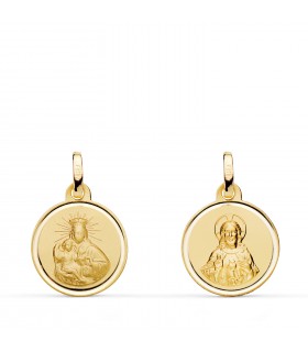 Escapulario de oro de la Virgen del Carmen y Corazón de Jesús frontal 14 mm, 18 Kilates, borde Bisel