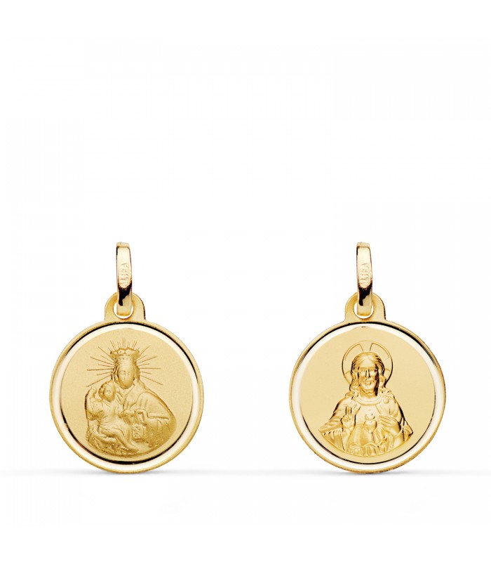 Scapulaire en or de la Vierge du Carmen et du Cœur de Jésus, face avant de 14 mm, 18 carats, bord brillant