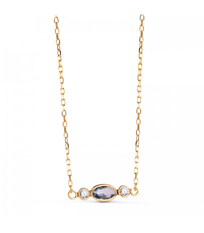 Collier or femme 18K Dorothea avec pierre colorée | Pendentif zircones et aigue-marine