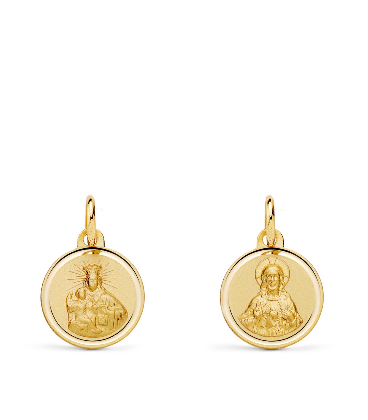 Escapulario de oro de la Virgen del Carmen y Corazón de Jesús frontal 12 mm, 18 Kilates, borde Bisel