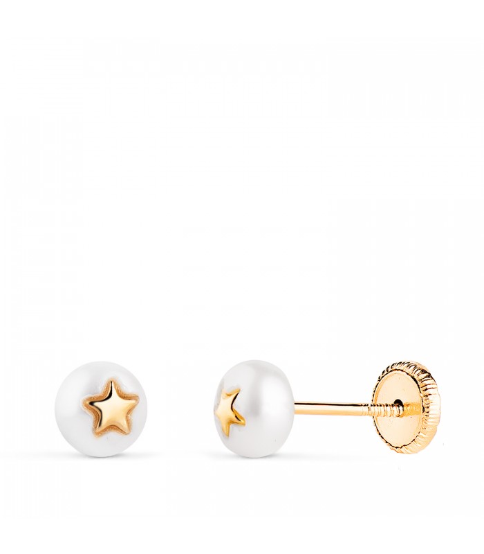 Pendientes de oro 14k Pearl & Star 5mm. Regalo para bebé, bautizo, recién nacida.