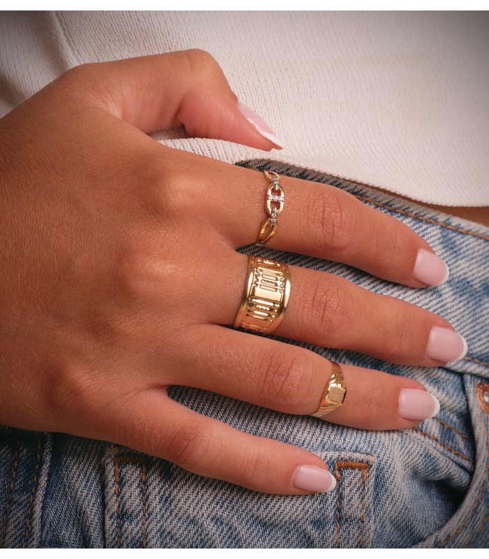 Anello da donna in oro 18 carati zirconi con catena a maglie traversino, larghezza di 4 mm