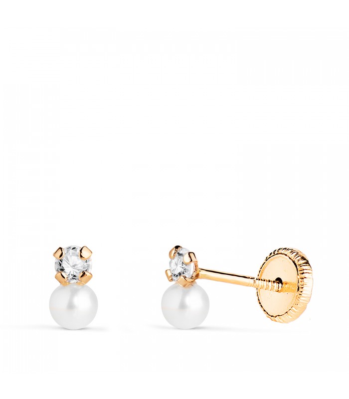 Perlenstecker Alma 6 mm | weiße Perlen und Zirkonia | Ohrringe aus  750er Gelbgold Süßwasserzuchtperlen