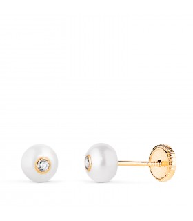 Pendientes de oro 18k Pearl & Zircon - Regalo para bebé, nacimiento, recién nacida.