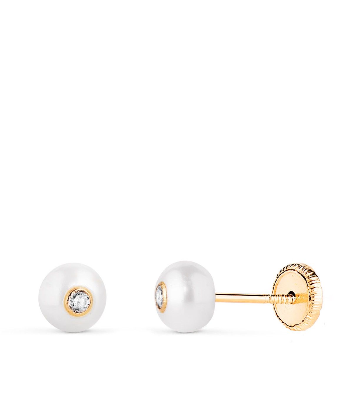 Orecchini in oro 18k Pearl & Zircon 5mm, idee regalo nascita, orecchini bottone perle