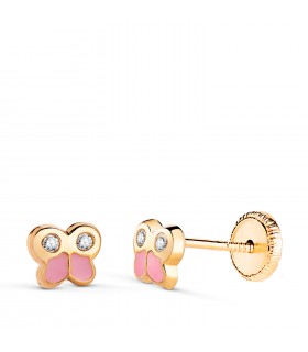 Orecchini bambina, farfalla rosa Oro 750 5mm - Orecchini a lobo ragazza Annika.