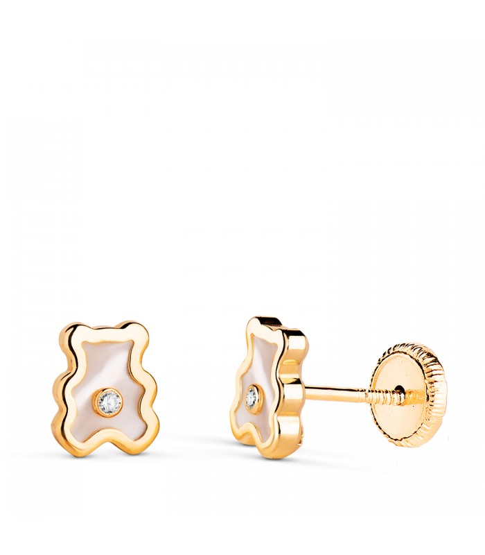 Orecchini orso Olatz oro e madreperla 14Kt | Ideali per bambina e neonata