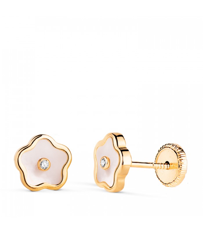 Orecchini fiore Olatz oro e madreperla 14Kt | Ideali per bambina e neonata