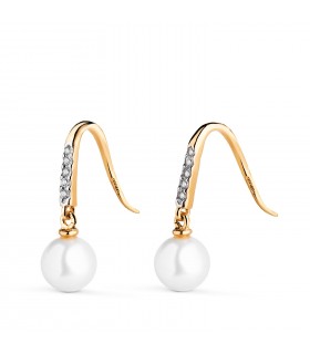 Pendientes de Novia Ashley Oro Bicolor 18K. Pendientes largos con perlas para mujer.