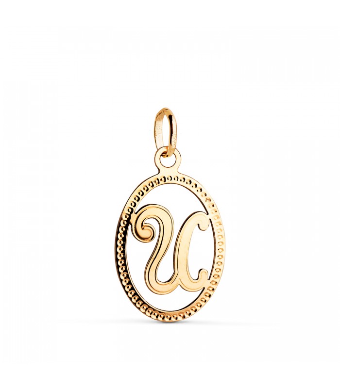 Pendentif avec lettre entourée et facettée - Initiale U en or jaune 750, 18 mm