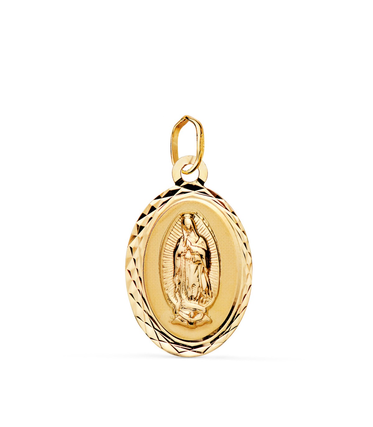 Medaglia Madonna Guadalupe forma ovala e lucida in oro giallo 14Kt, 19 x 12 mm