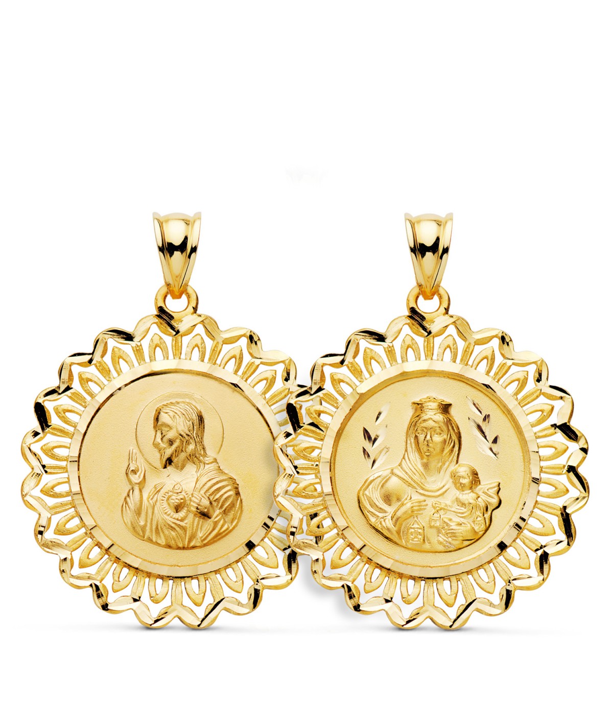 Scapulaire entouré Vierge du Carmel et Sacré-Cœur Or jaune 750 30mm | Médailles religieuses