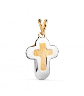 Cruz de oro bicolor 18 Kilates, forma redondeada, 25 mm - Cruces de comunión para niña o niño, colgante de mujer de moda.